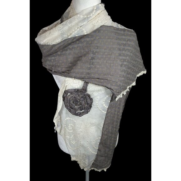Vintage Floral Embroidered Lace Grey And White Scarf - Picture 2 of 6